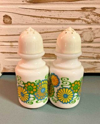 Vintage Avon White Milk Glass Mod Floral Salt & Pepper Shaker Set