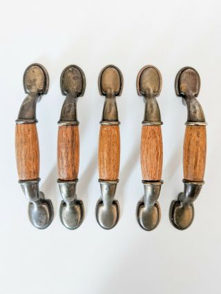 Set Of 5 Vintage Brass Wood Drawer Pulls Cupboard Handles