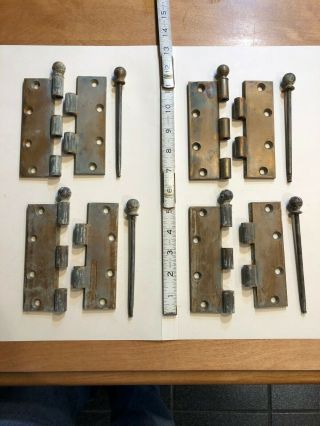 Four 5 " X 1 - 3/4 " 4 - Gauge Brass Door Hinges 3 Are Marked Yale 780 - Ball Finials