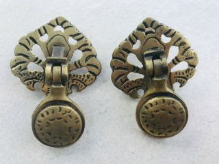 Set Of 2 Matching Antique Solid Brass Drawer Drop Pull Handles Ornate Vgc
