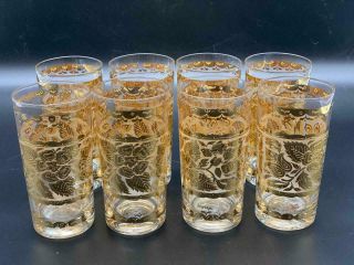Vintage Mcm Set Of 8 Georges Briard Gold Leaf Floral High Ball Tumblers Glasses