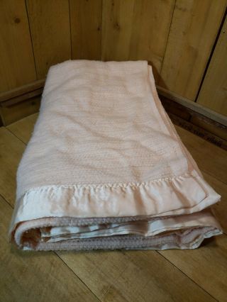 Vintage Satin Trim Waffle Weave Pink Acrylic Blanket Queen Made In The Usa 90x96