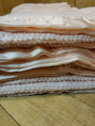 Vintage Satin Trim Waffle Weave PINK Acrylic Blanket Queen Made in the USA 90x96 2