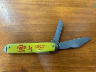 Vintage Coca Cola 1933 Worlds Fair Chicago Yellow Handle Pocket Knife Usa