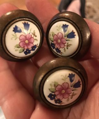 Vintage Round Brass And Ceramic Floral Drawer Pulls Cabinet Knobs - Set Of Three