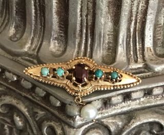 Antique Victorian Art Nouveau 14k Gold Turquoise Seed Pearl Brooch Pin