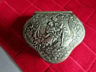 Vintage Metal Jewelry Trinket Box Victorian Couple Scrolls Floral Made In Japan