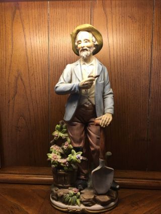 Homco Porcelain Figurine Old Man Farmer With Shovel Flowers Plants Pipe