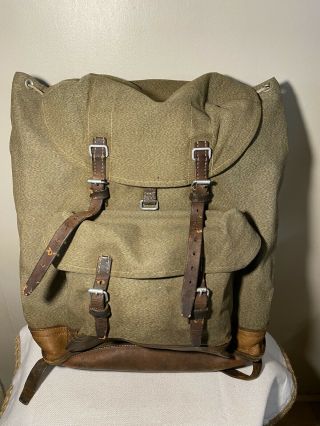 Vintage Swiss Army Military Backpack Rucksack Salt Pepper Canvas Leather Ruswil