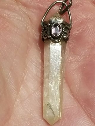Vintage Rutilated Quartz Sterling Crystal Amulet Pendant With Amethyst Stone