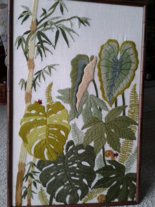 Vintage 70s Framed Crewel Embroidered Bamboo And Greens Mcm Large 22x34 Read All