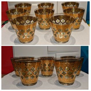 Set Of 8 Vintage Culver Signed Glasses Valencia Low Ball 22k Gold Green Diamond