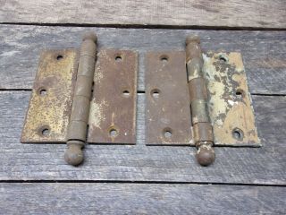 Vintage Pair Metal Stanley Cannon Ball Top Door Hinges 3 1/2 " X 3 1/2 " A83