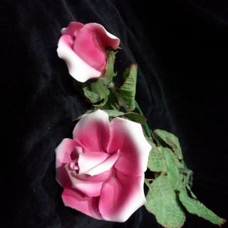 2 Italian Capodimonte Porcellane 1 Pink And White Rose And 1 Rose Bud.  10 " Stem