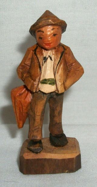 Vintage Carved Wooden Figure Man With Umbrella Wood Unmarked Anri Style