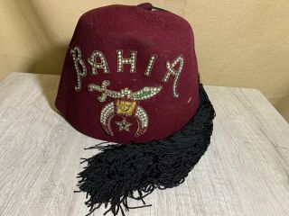 Vintage Masonic Shriners Bahia Fez Hat Cap With Rhinestone Tassel Hat