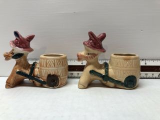 2 Small Vintage Enesco Ceramic Donkey And Cart Planters Hand Painted Japan