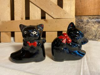Vintage Red Clay Pottery Cat In Boot/shoe Salt And Pepper Shakers