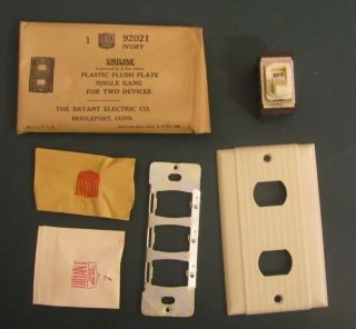 Vintage Uniline Nos Bakelite 2 Hole Electrical Switch Plate & 1 Switch
