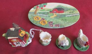 Vintage Resin Miniature Character Tea Set Farm House Theme 8 Pc.