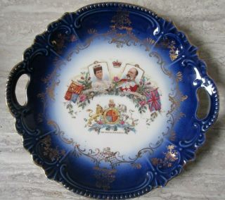 Antique 1902 Edward Vii Coronation Blue White Porcelain Handled Plate