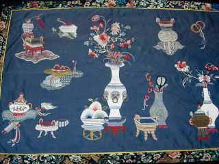 ANTIQUE CHINESE EMBROIDERED BLUE SILK PANEL WALL HANGING W PRECIOUS OBJECTS 2