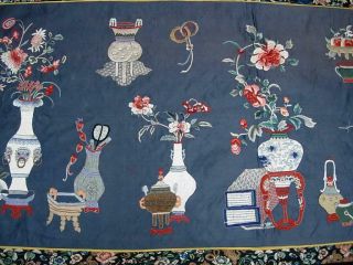 ANTIQUE CHINESE EMBROIDERED BLUE SILK PANEL WALL HANGING W PRECIOUS OBJECTS 3