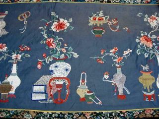 ANTIQUE CHINESE EMBROIDERED BLUE SILK PANEL WALL HANGING W PRECIOUS OBJECTS 4