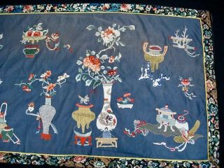 ANTIQUE CHINESE EMBROIDERED BLUE SILK PANEL WALL HANGING W PRECIOUS OBJECTS 5