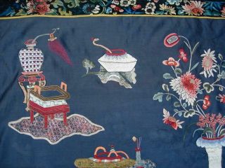 ANTIQUE CHINESE EMBROIDERED BLUE SILK PANEL WALL HANGING W PRECIOUS OBJECTS 6