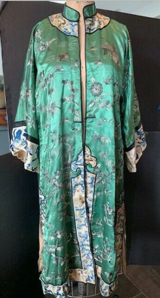 Vintage Green Chinese Silk Full Embroidered Long Jacket Coat Robe