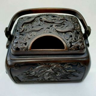Antique Chinese Qing Dragon Bronze Censer Incense Burner Handwarmer 18 - 19th C