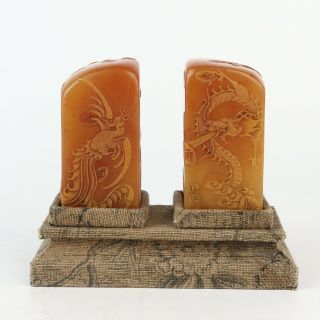 Chinese Antique Shoushan Stone Dragon Phoenix Seal Blank 1 Pair " 2 1/2 " (h)