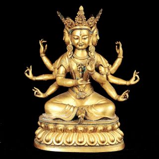 Chinese Gilt Bronze Copper Three Face Eight Arms Kwan - Yin Avalokitesvara Buddha