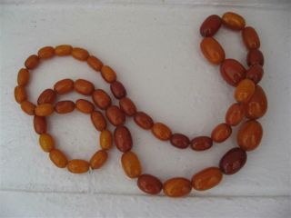 Antique Chinese Tibetan Butterscotch Amber Oval Beads Necklace 41.  5g