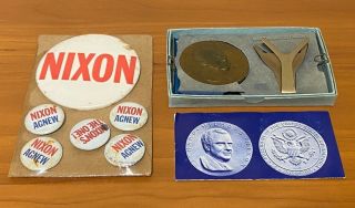 Vintage 1968 Nixon Campaign Buttons (6) & Inaugural Medal W/ Box