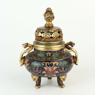 Antique Chinese Copper Cloisonne Incense Burner Dragon Handle
