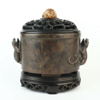Antique Chinese Copper Incense Burner Wood Lid With Hetian Jade