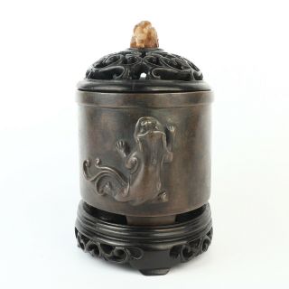 Antique Chinese Copper Incense Burner Wood Lid With Hetian Jade 2