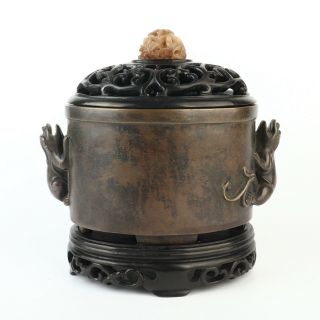 Antique Chinese Copper Incense Burner Wood Lid With Hetian Jade 3