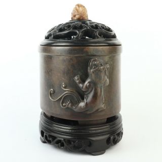 Antique Chinese Copper Incense Burner Wood Lid With Hetian Jade 4