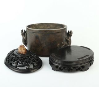 Antique Chinese Copper Incense Burner Wood Lid With Hetian Jade 5