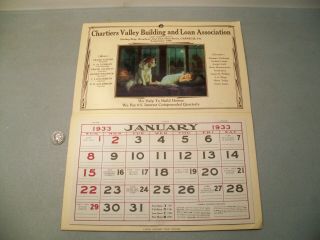 Vintage 1933 Wall Calendar Chartiers Valley Building & Loan Assoc.  Carnegie,  Pa