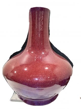 Chinese Red & Putple Langyao Flambe Porcelain Vase Was A Lamp Base 12” Height