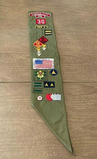 Vintage Boy Scout Sash With 31 Patches,  Pins 1959 Kc Mo.  30 Den 9 47th Annual