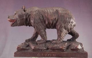 Antique Swiss Black Forest Bear Carving Hand Carved Wood Glass Eyes Signed Glion