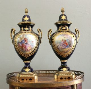 Antique Pair 19c French Gilt - Bronze Sevres Style Signed Cobalt Blue Urns Vases