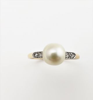 Vintage 14 Karat Yellow Gold Pearl And Diamond Ring Size 6 8833
