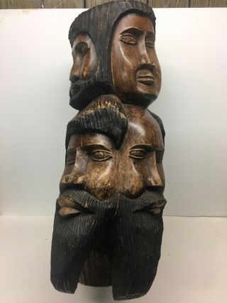 Unusual Wood Carved 7 Heads Faces Totem Statue Large 21” Rustic Primitive