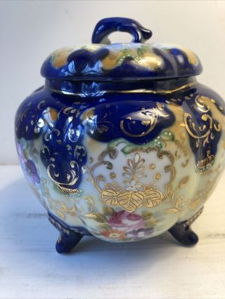 Rare Estate Antique Hand Painted Victorian Flow Blue Biscuit Jar Canister Lid